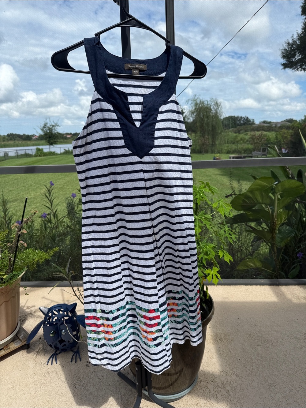Tommy Bahama cotton Navy and White Striped Midi Dress with Floral Hem